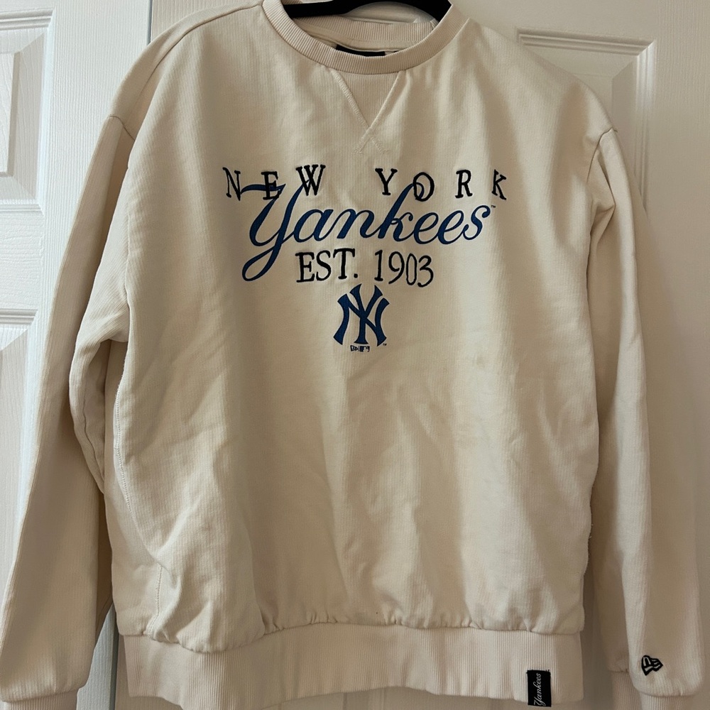New Era NY Yankees Cream Waffle Knit Crewneck Sweatshirt Embroidered Men's L NWT